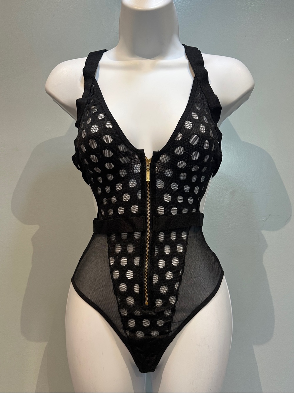 Mapale Black Fishnet Polka Dot Lingerie Bodysuit Small/Medium NWOT